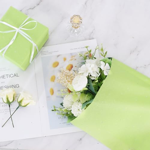 BEISHIDA 50 Sheets Green Glitter Tissue Paper Bulk, Glitter Tissue Wrapping Paper for Gift Bags, 14 x 20 Inch Gift Wrap for Birthday Wedding Graduation DIY Crafts Holiday Flowers - color: lightgreen