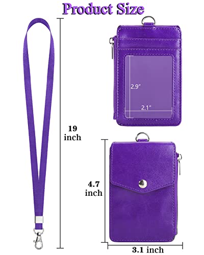 Teskyer Leather ID Badge Holder with Lanyard, Lanyard Wallet, Purple - color: Purple, size: 3.1" x 4.7"