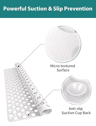Extra Large Shower Mat, Yonala 47 x 32 Inch Non Slip Shower Mats for Inside Shower, Soft TPE Shower Floor Mat with Suction Cups and Drain Holes, Machine Washable Bathroom Shower Mat, Easy to Clean - color: White
