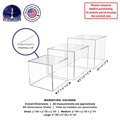 Marketing Holders Acrylic Display Riser Box Clear 4" 5" 6" Set One Open Side No Lid Merchandise Storage Caddys or Bins Hollow with Open Bottom Retail Product Risers - size: 4" 5" 6" Cubes-Clear