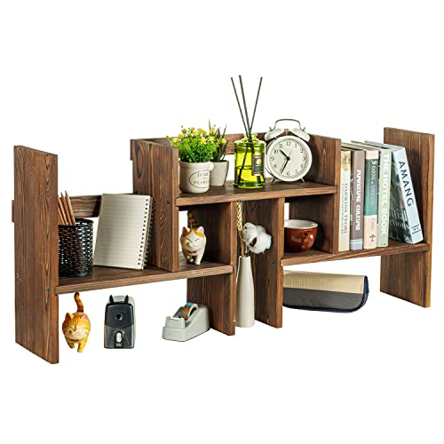 MyGift Adjustable Rustic Burnt Wood Desktop Shelf, Stackable Organizer