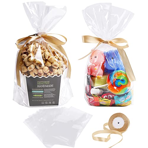 Giftvest 8"x 11" - 50PCS Flat Bottom Clear Cellophane Treat Bags with Golden Satin Ribbon | Goodie Bags for Gift Wrapping, Desserts, Candies, Cookies, Party Favors & Food Storage - size: 8x11 inches (Pack of 50)