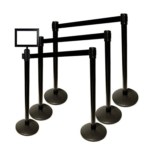 40" HT Retractable Belt Queue Safety Stanchions Barrier Combo Set (6 Posts Blk Belt+SFrame+WBracket) - color: Black