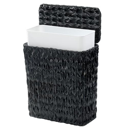 Wicker Trash Can with Lid & Liner, Small Bathroom Waste Basket, Black - color: black
