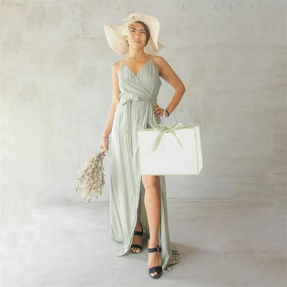 STOBOCTER 12 Pcs Thank You Gift Bags with Handles 12.6x4x9.1'' Elegant Paper Gift Bags with Bow Ribbon Gift Wrap Bags for Wedding Bridal Shower Father's Day Housewarming Birthday(White, Sage Green) - color: White, Sage Green, size: 1 Count (Pack of 12)