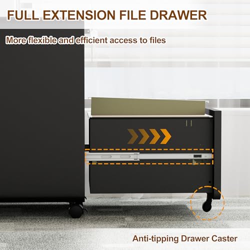 2 Drawer Mobile File Cabinet with Lock, 4 Keys and 25 Letter File Folders - color: Black, size: 25.8"H*15.7"W-2 drawers(25 letter folders)