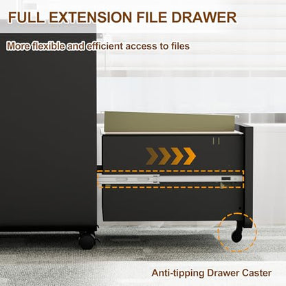 2 Drawer Mobile File Cabinet with Lock, 4 Keys and 25 Letter File Folders - color: Black, size: 25.8"H*15.7"W-2 drawers(25 letter folders)