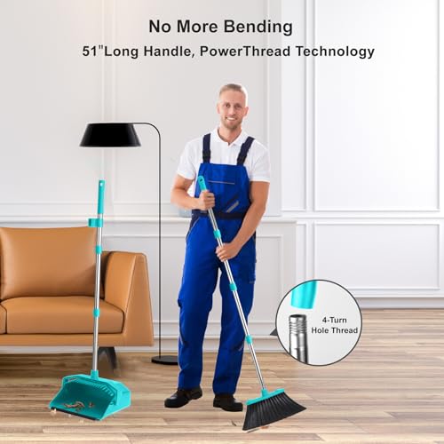 Broom and Dustpan Set for Home, 51" Long Handle Standing Dustpan Blue - color: Blue