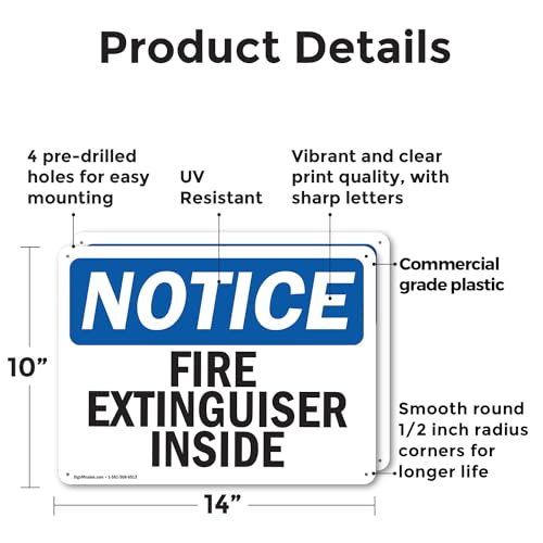 (2 Pack) Fire Extinguisher Inside OSHA Notice Sign 14 Inch X 10 Inch Plastic Sign, Weather Resistant, UV Protected for Workplace, Business, and Construction Site, Made in the USA - size: 14 Inch X 10 Inch, style: Plastic