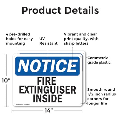 (2 Pack) Fire Extinguisher Inside OSHA Notice Sign 14 Inch X 10 Inch Plastic Sign, Weather Resistant, UV Protected for Workplace, Business, and Construction Site, Made in the USA - size: 14 Inch X 10 Inch, style: Plastic