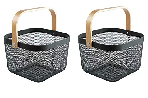 AJIODA 2 Pack Metal Mesh Steel Basket, Storage Organizer Basket Multi-function Hanging Kitchen Baskets Fruit Basket Bin with Wood Handle for Kitchen Bathroom Picnic Cabinet Home Decor, Black - color: Black