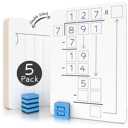 SCRIBBLEDO Long Division Dry Erase White Boards 9x12, Double-Sided, 5 Pack