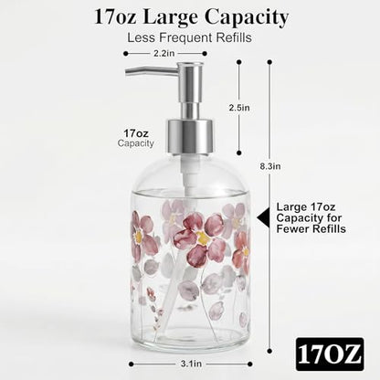 Topadorn 17oz Glass Soap Dispenser with Pump, Watercolor Floral - color: Purple Flower