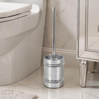 Silver Mosaic Toilet Brush Easy to Clean Household with Holder Set - size: Toilet Brushes Holders