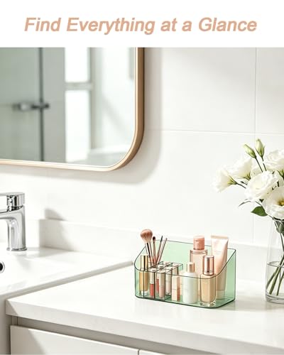 Makeup Tray Holder Organizer Cosmetic Display Case Tabletop Desktop Vanity Countertop Bathroom Wall Cabinet Medicine Storage Box 9 Dividers 2 Removable Women Ladies Girls Gifts Crystal Green 1 PACK - color: Crystal Green