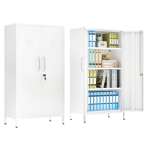 pozdeg 47.24" White Lockable Small Metal Storage Locker - color: White, size: 14.96"D x 27.17"W x 47.24"H