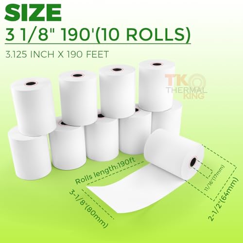 3 1/8" x 190' Credit Card Thermal Receipt Paper 10 Rolls - size: 3-1/8" x 190', style: 10 Rolls