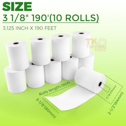 3 1/8" x 190' Credit Card Thermal Receipt Paper 10 Rolls - size: 3-1/8" x 190', style: 10 Rolls
