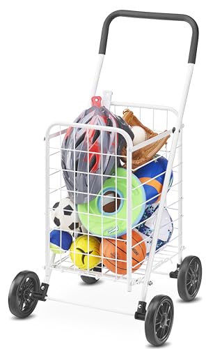Whitmor Folding Utility Shopping Cart with Wheels, Heavy Duty Metal Grocery Cart, Portable Foam Handle, Rolling Collapsible Trolley for Groceries, Laundry, Storage, White - size: 19.5"L x 18.5"W x 34.5"H, White