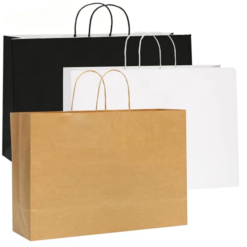 GetFeeds 10PCS kraft paper bags,16x6x12 Inches,Large brown,white,black, kraft paper bags with handles, Paper Bag, Shopping/Gift/Retail Bag For Small Business - color: Brown Black White