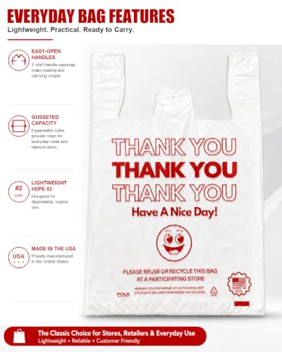 POLX Thank You Plastic T-Shirt Bags with Handles, 1000 Count (White)