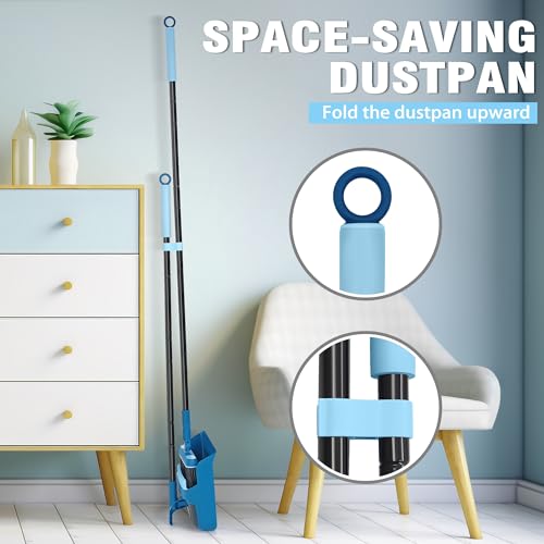 JEHONN Dustpan and Brush Set, 54 inches Long Handle Swivel Broom, Upright Foldable Dust Pan with Comb Teeth for Home Kitchen Lobby Indoor Floor Cleaning(Blue)