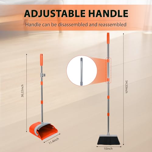 YZO Broom with Dustpan Combo Set, 54.33 Inch Long Handle Standing Design, Dustpan Front Rubber Tight Seal, Broom with 5 Layer Bristles, Suitable for Living Room, Yard, Office and Apartment (Orange) - color: Orange