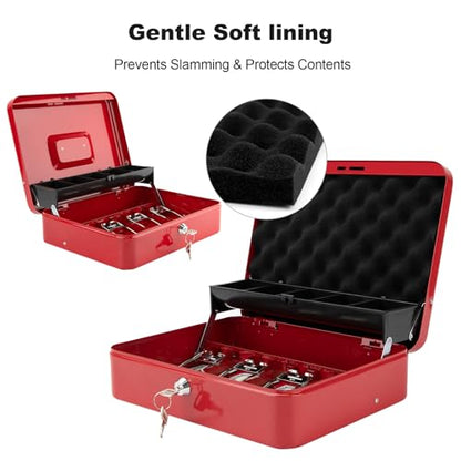 Cash Box with Key Lock & Foam Auto-Pop Coin Tray – Secure Steel Money Box with 4 Upgraded Finger-Safe Bill Clips, Premium Smooth Scratch-Resistant Coating, 11.8"L x 9.5"W x 3.5"H, KL Red - color: KL Red
