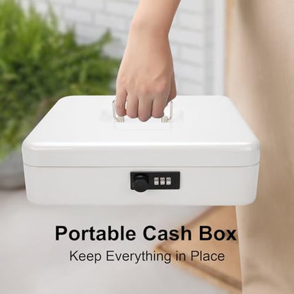 Jssmst Metal Cash Box with Money Tray and Lock, Portable Cash Drawer, 11.8" - color: White Code-A