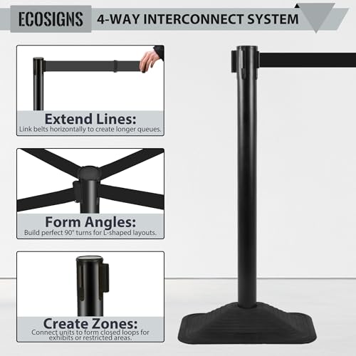ECOSlGNS 4 Pack Heavy Duty Crowd Control Stanchions for Banks, Events, Retail w/ 10ft Retractable Belt, Non-Slip Weighted Rubber Base (Black) - color: Black, size: Rectangle Base - 4 Pack