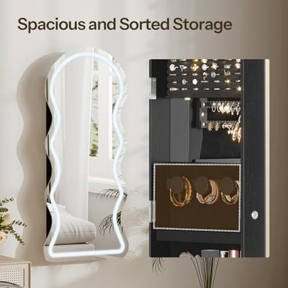 HOOBRO LED Mirror Jewelry Cabinet, Wall/Door Mounted Jewelry Organizer - color: Black