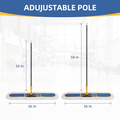36" Commercial Dust Mop for Floor Cleaning, Heavy Duty Dry Dust Mop with 2 Mop Pads & 59" Long Handle, Professional Janitorial Floor Duster for Home, Garage, Hotel, School, Gym