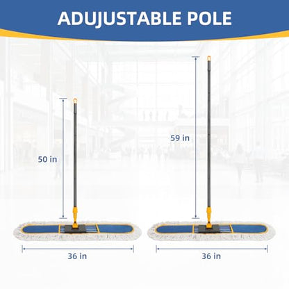 36" Commercial Dust Mop for Floor Cleaning, Heavy Duty Dry Dust Mop with 2 Mop Pads & 59" Long Handle, Professional Janitorial Floor Duster for Home, Garage, Hotel, School, Gym