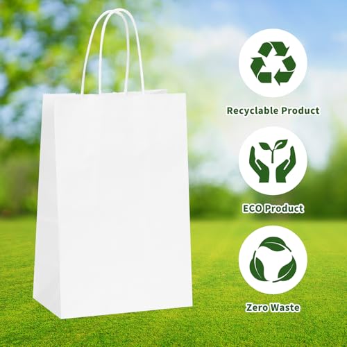 OUTUXED 100pcs Small White Paper Bags with Handles, Kraft Paper Gift Bags - color: White 5.25x3.2x8in, size: 1 Count (Pack of 100)