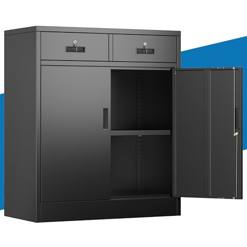 Metal Storage Cabinet, 36" Locking Cabinet with 2 Drawers & Shelves - color: Black, size: 36"H×32"W×16"D-2Drawer