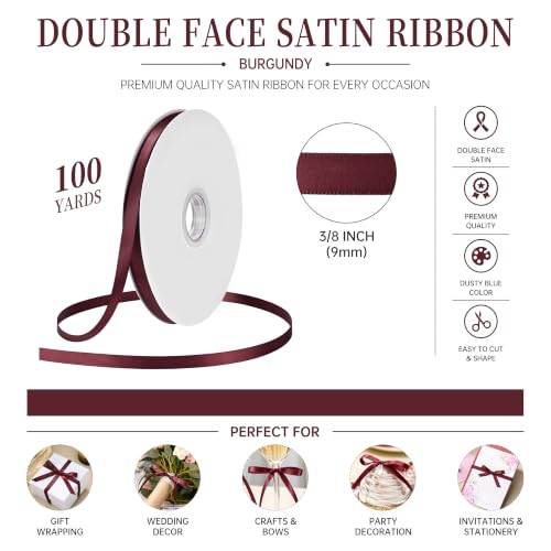 Burgundy Double Face Satin Ribbon 3/8 Inch x 100 Yards - color: Burgundy, size: 3/8 Inch (9mm)