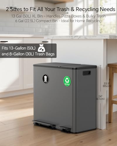 Lovewind Dual Trash and Recycling Bins for Kitchen, 13+6 Gallon Stainless Steel Garbage and Recycle Bin Combo for Large Families, Dual Trash Can with Soft Close Lid & Magnetic Stickers, Grey - color: Grey