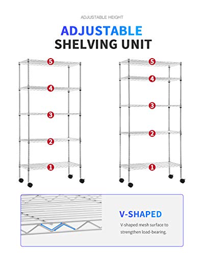 BestOffice | 5-Tier Wire Shelf with Wheels | 14" x 30" x 60" | Chrome - color: Chrome, size: 14L x 30W x 60H