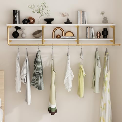 ORSENIGO Industrial Pipe Clothing Rack with Shelves, Gold Wall Mounted Clothes Rack for Home Retail - size: 63 x 9.84 x 9.65