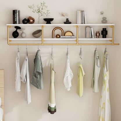 ORSENIGO Industrial Pipe Clothing Rack with Shelves, Gold Wall Mounted Clothes Rack for Home Retail - size: 63 x 9.84 x 9.65