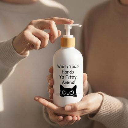 Black Cat Bathroom Soap Dispenser, Wash Your Hands Filthy Animal Glass Hand Soap Dispenser with Pump, Funny Cat Refillable Handsoap Liquid Bottle for Bathroom Washroom Restroom Countertop - color: Cat Quote