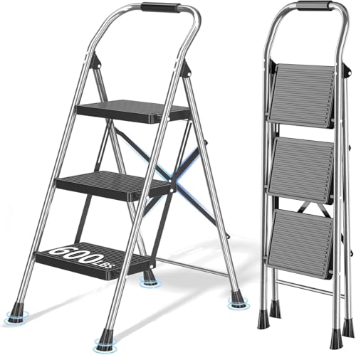 600Lbs Heavy Duty Step Ladder Foldable Folding Stool - for Home Adults Kitchen 3 Stepping Extension Tall with Handrails - Closet Stepstool Stair Ladders Extendable Stepladder for Indoor House - size: 3 Step