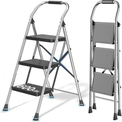 600Lbs Heavy Duty Step Ladder Foldable Folding Stool - for Home Adults Kitchen 3 Stepping Extension Tall with Handrails - Closet Stepstool Stair Ladders Extendable Stepladder for Indoor House - size: 3 Step