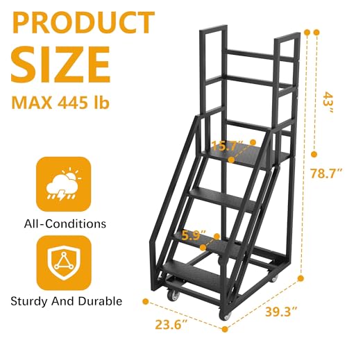 YOHKOH Rolling Ladder with Platform & Handrails, 4 Step Rolling Stairs with Wide Anti-Slip Steps, 43" Guard Rail, 4 Lockable Silent Casters, Holds 445 LBS, 39.3" W x 23.6" D x 78.7" H