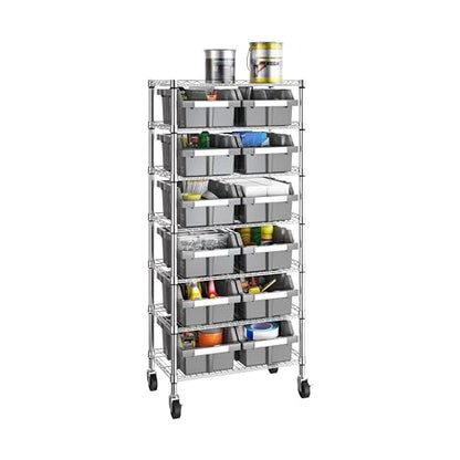 7-Tier NSF 12-Bin Steel Wire Shelving Rack, 25"W x 14"D x 56"H, Gray - color: Gray, size: Includes 12 Bins