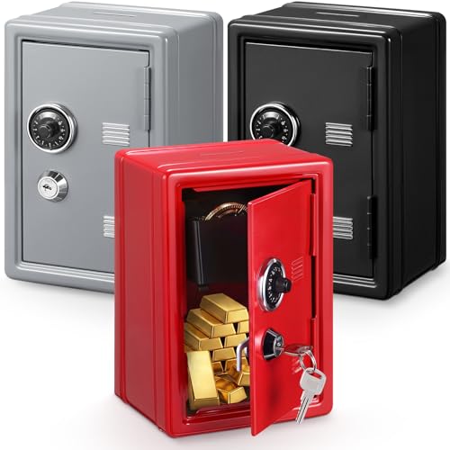 Zonon 3 Pcs Mini Safe for Kids Metal Money Bank, Black, Red, Silver - color: Black, Red, Silver