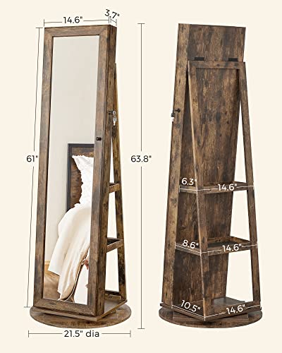 SONGMICS 360° Swivel Jewelry Cabinet, Full-Length Mirror, Lockable - color: Rustic Brown, style: Framed Mirror, Classic
