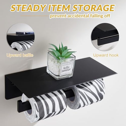 APLusee Matte Black Double Toilet Paper Holder with Shelf, Wall Mounted - color: Matte Black, size: Double Rod