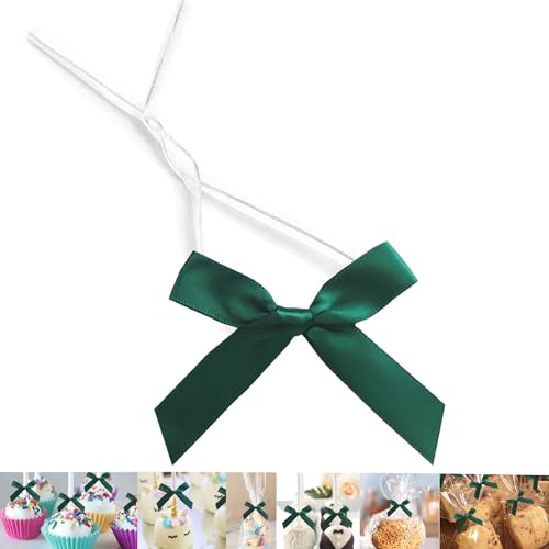 50 Pieces Bow Twist Ties for Bags, Satin Twist Tie Bows for Cake Pops, Twist Bows for Treats, Pre Tied Bows for Gifts Wrapping, Ribbon Bows, Pretied Bows Ties for Gift Wrap Bows(Dark Green) - color: Dark Green, size: 50 Pack
