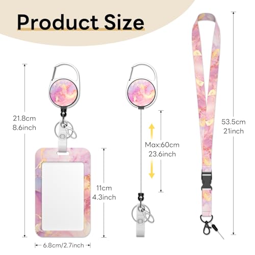 Retractable Badge Holder with Detachable Lanyard, Pink Marble - color: Pink Marble